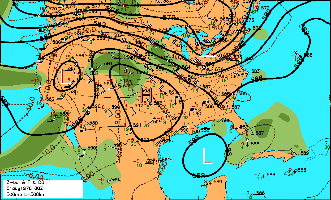 01 August 1976 0000 GMT 500 mb analysis.