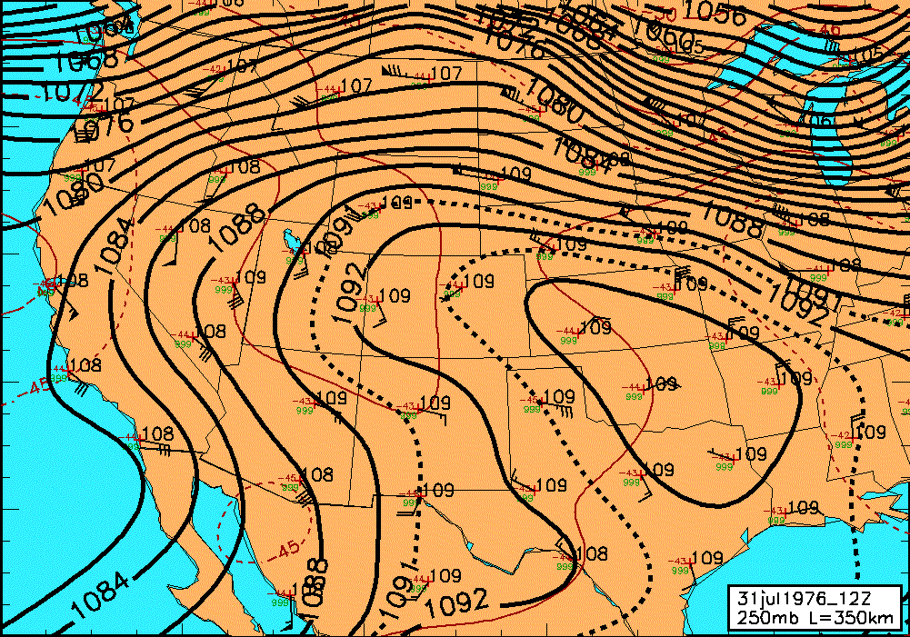 31 Jul1976 1200 GMT 250mb Analysis L=350 1-pass