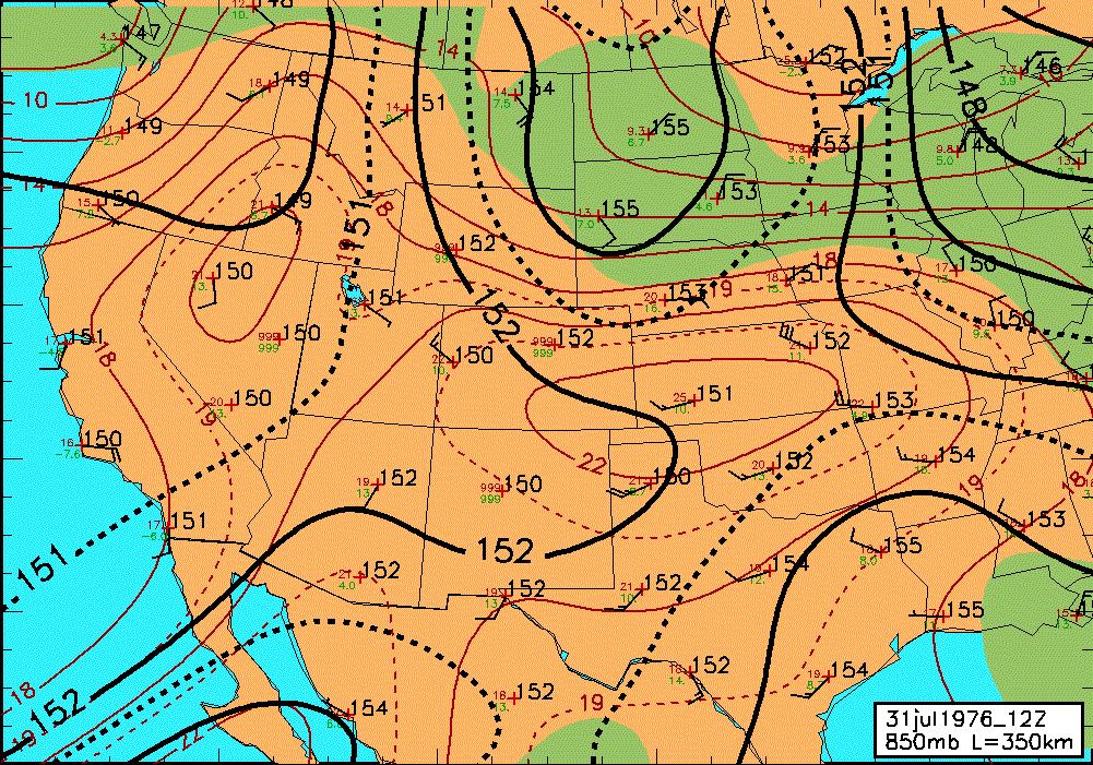 31 jul1976 1200GMT 850 mb Analysis L=350 1-pass